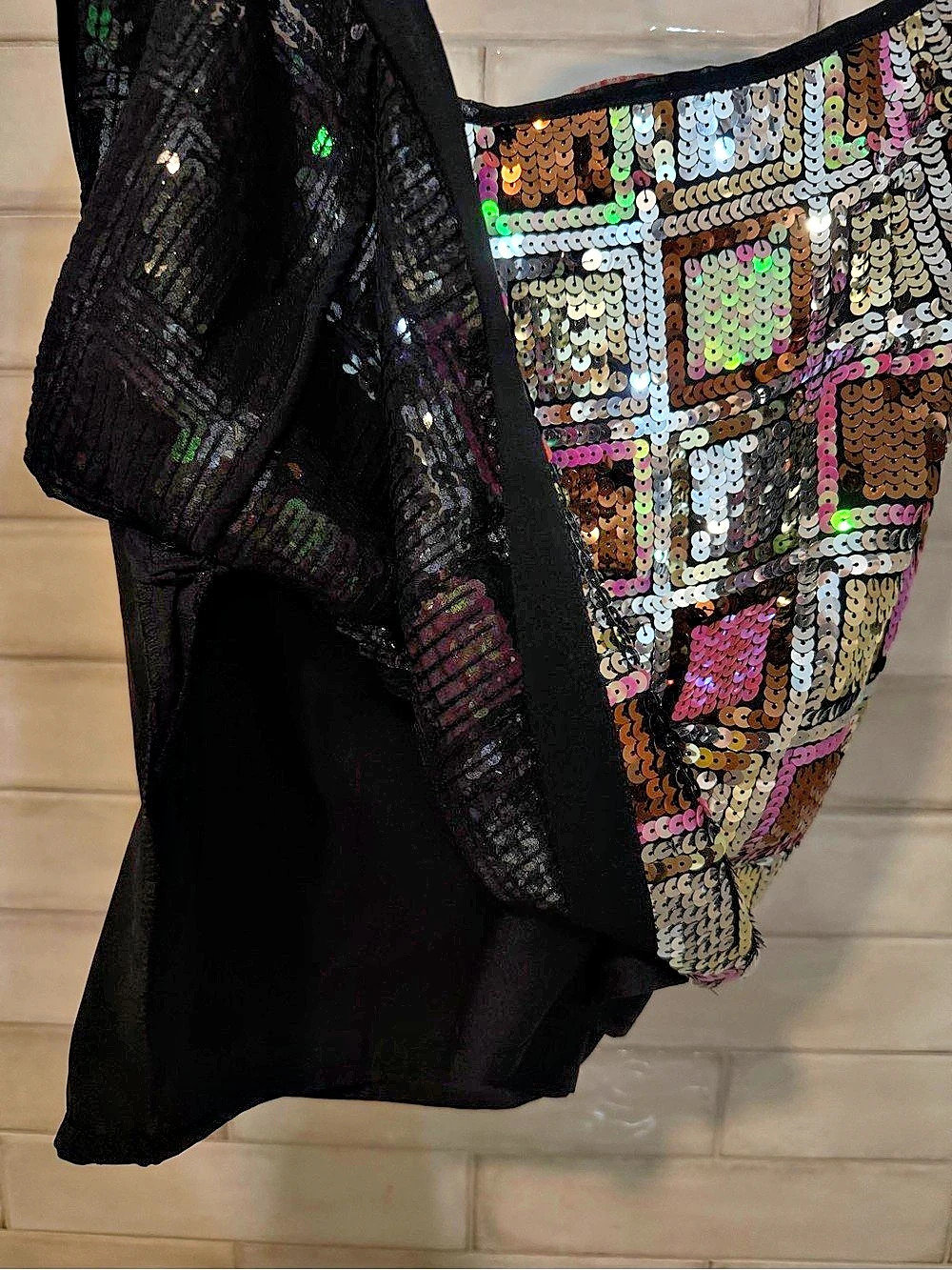 NWT CIEBON Sequin Mini Skirt Silver Pink bronze geometric lined Anthropologie M - Picture 13 of 15